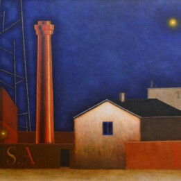 Dawid Zdobylak, Zachód nad fabryką, niebieski, olej na płótnie, 90 × 100 cm, 2020