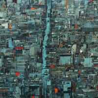 Artur Przebindowski, Megalopolis LXXIV, akryl na płótnie, 2018.
