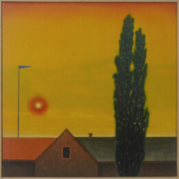 Dawid Zdobylak, Zachód słońca nad PGR-em, olej na płótnie, 50 x 50 cm, 2021 Zachód słońca nad PGR-em