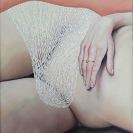 Julia Szymczykowska, Okrywanie, tak z troski, olej na płótnie, 36x39cm, 2022