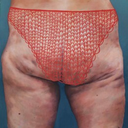 Julia Szymczykowska, W czerwonych majtkach, olej na płótnie, 65x66cm, 2022